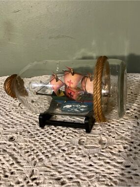 Vintage Ship in a Glass Bottle 9" Long Red & Black Cross Cork Rope Trim